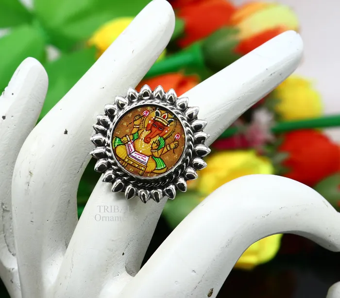 TRIBAL ORNAMENTS Rings 925 sterling silver adjustable ring band fabulous lord Ganesh studying miniature art painting frame ring Stylish ethnic jewelry RRing529