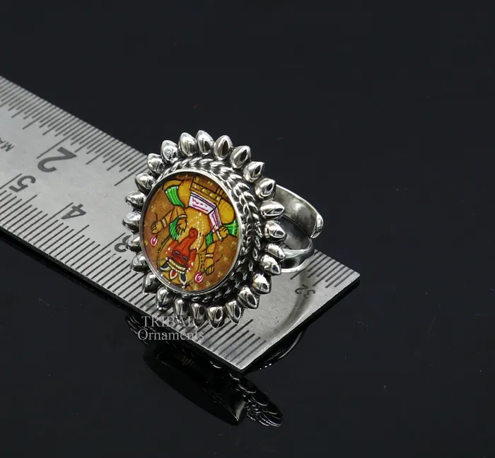 TRIBAL ORNAMENTS Rings 925 sterling silver adjustable ring band fabulous lord Ganesh studying miniature art painting frame ring Stylish ethnic jewelry RRing529