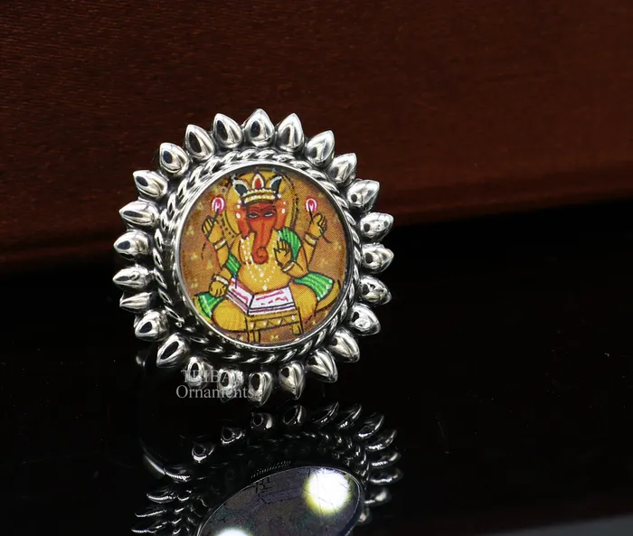 TRIBAL ORNAMENTS Rings 925 sterling silver adjustable ring band fabulous lord Ganesh studying miniature art painting frame ring Stylish ethnic jewelry RRing529
