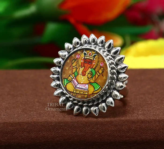 TRIBAL ORNAMENTS Rings 925 sterling silver adjustable ring band fabulous lord Ganesh studying miniature art painting frame ring Stylish ethnic jewelry RRing529