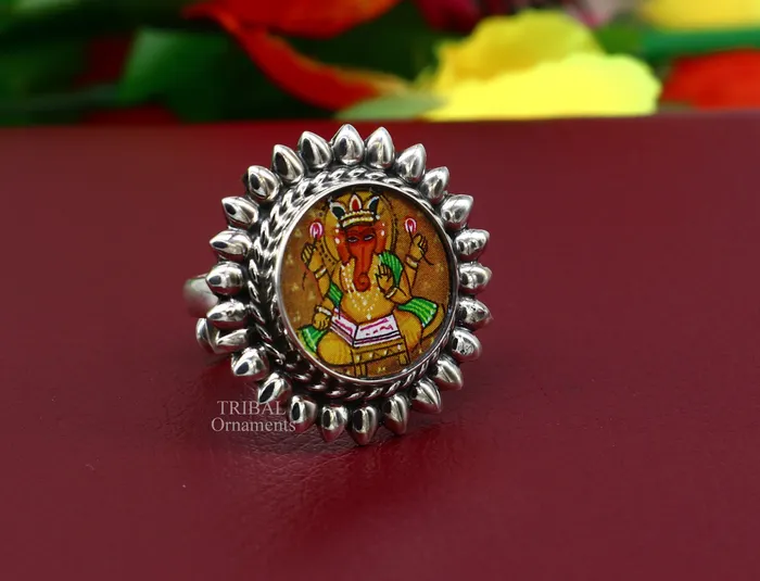 TRIBAL ORNAMENTS Rings 925 sterling silver adjustable ring band fabulous lord Ganesh studying miniature art painting frame ring Stylish ethnic jewelry RRing529