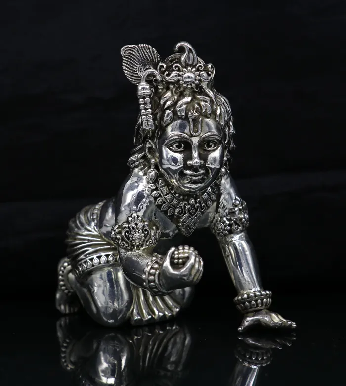 TRIBAL ORNAMENTS Rings 925 Sterling silver customized Idol Krishna Bal Gopal statue figurine laddu gopal sculpture home temple utensil silver article su209