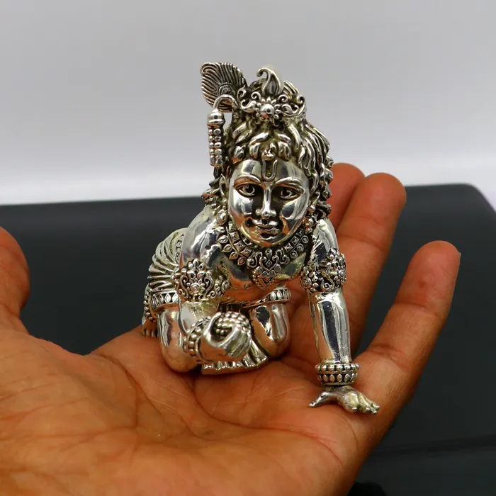 TRIBAL ORNAMENTS Rings 925 Sterling silver customized Idol Krishna Bal Gopal statue figurine laddu gopal sculpture home temple utensil silver article su209
