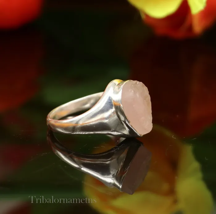 TRIBAL ORNAMENTS Rings Pink rose quartz fabulous 925 sterling silver handmade tilak shape ring sr101