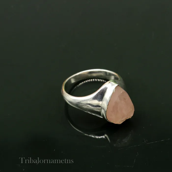 TRIBAL ORNAMENTS Rings Pink rose quartz fabulous 925 sterling silver handmade tilak shape ring sr101