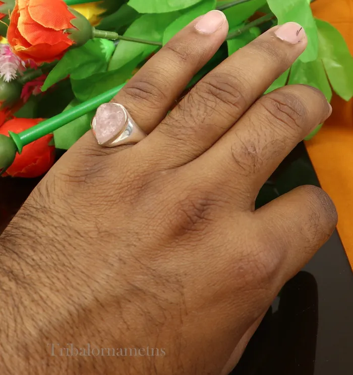 TRIBAL ORNAMENTS Rings Pink rose quartz fabulous 925 sterling silver handmade tilak shape ring sr101