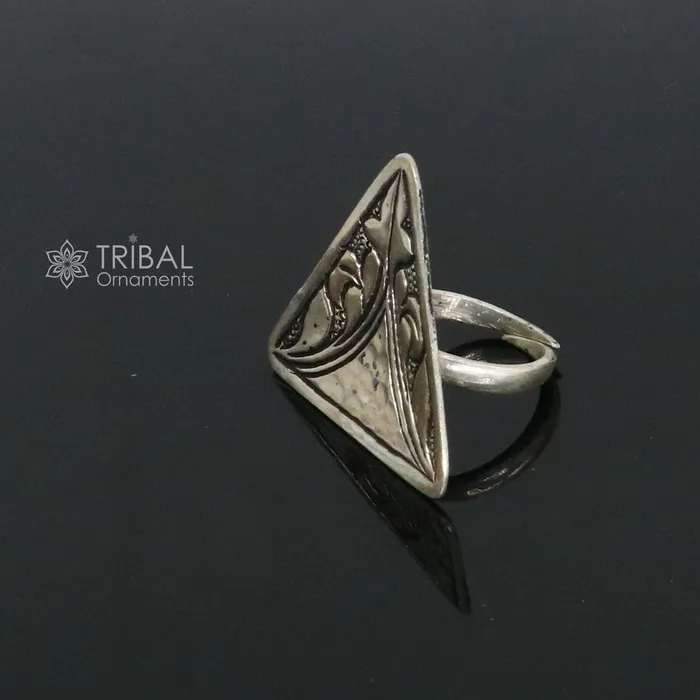 TRIBAL ORNAMENTS Rings Triangle shape Traditional cultural design 925 sterling silver adjustable ring best tribal ethnic jewelry Navratri dance jewelry sr388