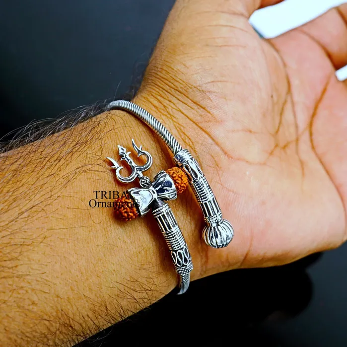 TRIBALORNAMENT Bracelets Lord Shiva trident vintage design 925 sterling silver customized lord shiva trident trishul bangle bracelet kada Rudraksha jewelry nsk354