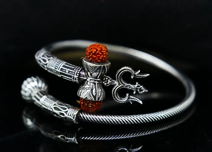 TRIBALORNAMENT Bracelets Lord Shiva trident vintage design 925 sterling silver customized lord shiva trident trishul bangle bracelet kada Rudraksha jewelry nsk354