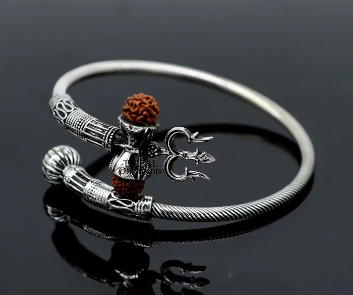TRIBALORNAMENT Bracelets Lord Shiva trident vintage design 925 sterling silver customized lord shiva trident trishul bangle bracelet kada Rudraksha jewelry nsk354