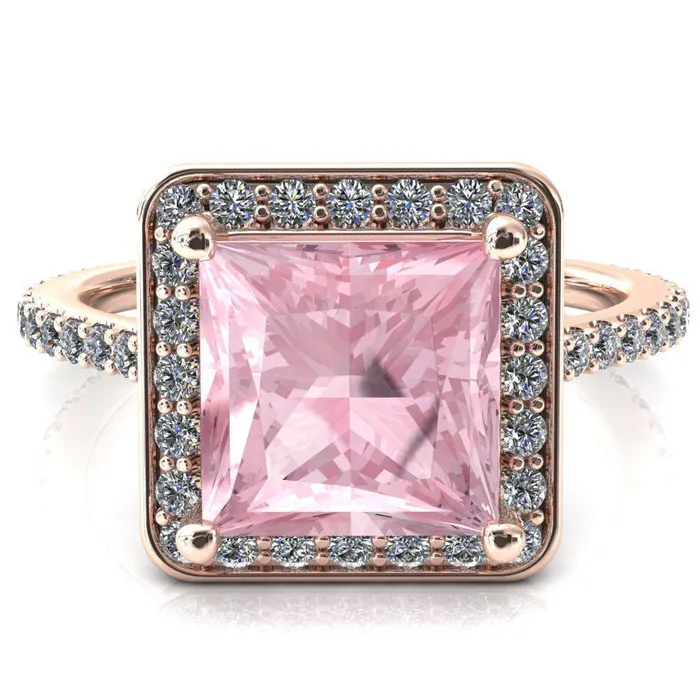 Valma Princess Pink Sapphire Floating Diamond Halo and Sides Ring Fire Brilliance Rings