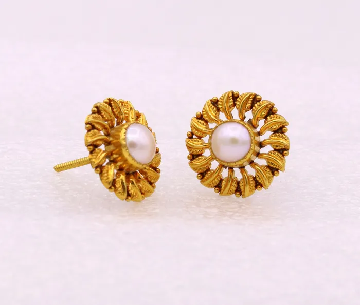 Vintage handmade tree leaf design handmade 22karat yellow gold stud earring with pearl tribal jewelry from rajasthan india er78 TRIBAL ORNAMENTS Earrings