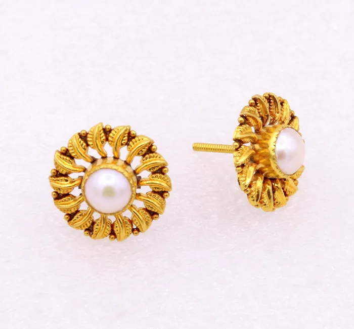 Vintage handmade tree leaf design handmade 22karat yellow gold stud earring with pearl tribal jewelry from rajasthan india er78 TRIBAL ORNAMENTS Earrings