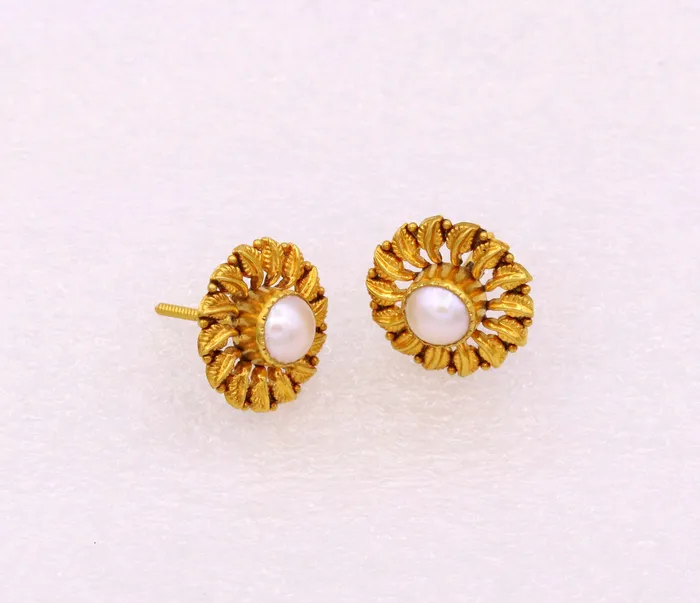 Vintage handmade tree leaf design handmade 22karat yellow gold stud earring with pearl tribal jewelry from rajasthan india er78 TRIBAL ORNAMENTS Earrings