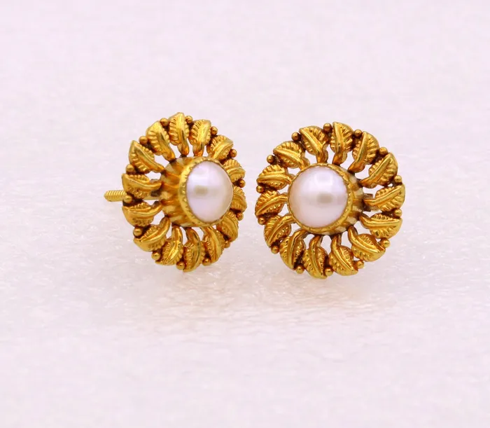 Vintage handmade tree leaf design handmade 22karat yellow gold stud earring with pearl tribal jewelry from rajasthan india er78 TRIBAL ORNAMENTS Earrings