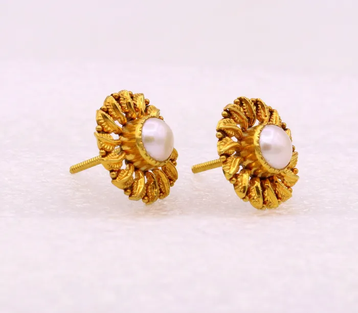 Vintage handmade tree leaf design handmade 22karat yellow gold stud earring with pearl tribal jewelry from rajasthan india er78 TRIBAL ORNAMENTS Earrings