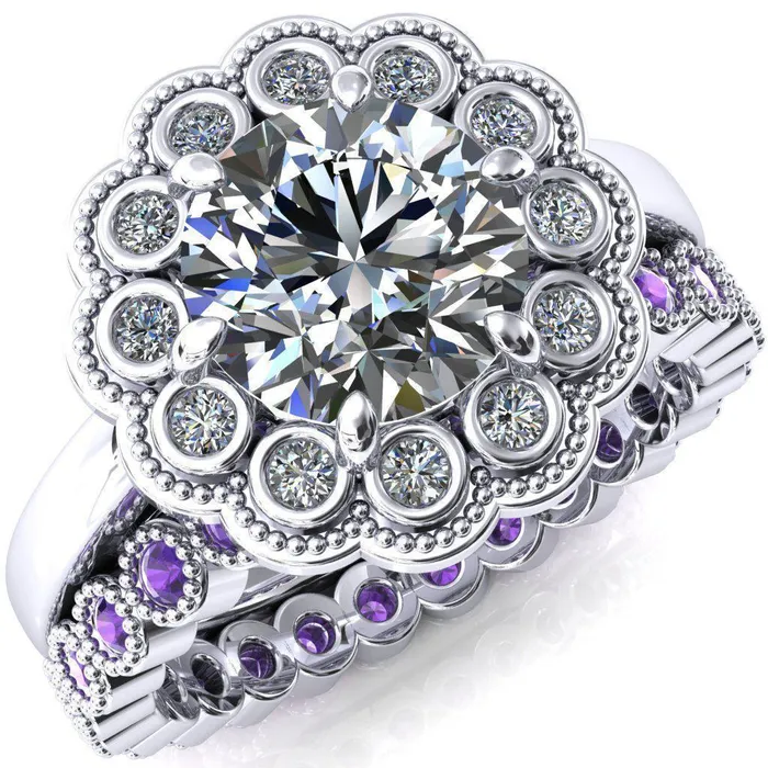 Zinnia Round Center Stone 6 Prongs Milgrain Halo Accent Diamonds Amethyst Ring Fire Brilliance Rings Zinnia Round Center Stone 6 Prongs Milgrain Halo Accent Diamonds Amethyst Ring Fire Brilliance Rings