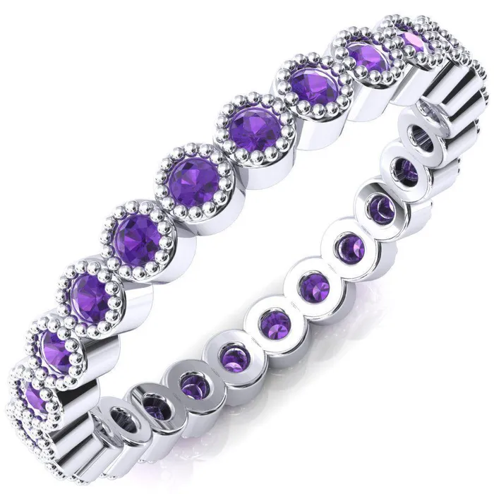 Zinnia Round Center Stone 6 Prongs Milgrain Halo Accent Diamonds Amethyst Ring Fire Brilliance Rings