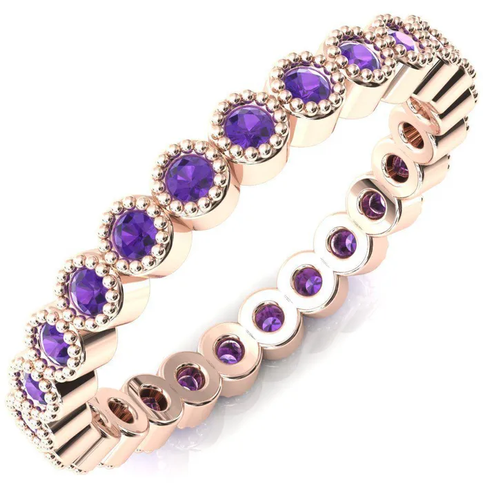 Zinnia Round Center Stone 6 Prongs Milgrain Halo Accent Diamonds Amethyst Ring Fire Brilliance Rings