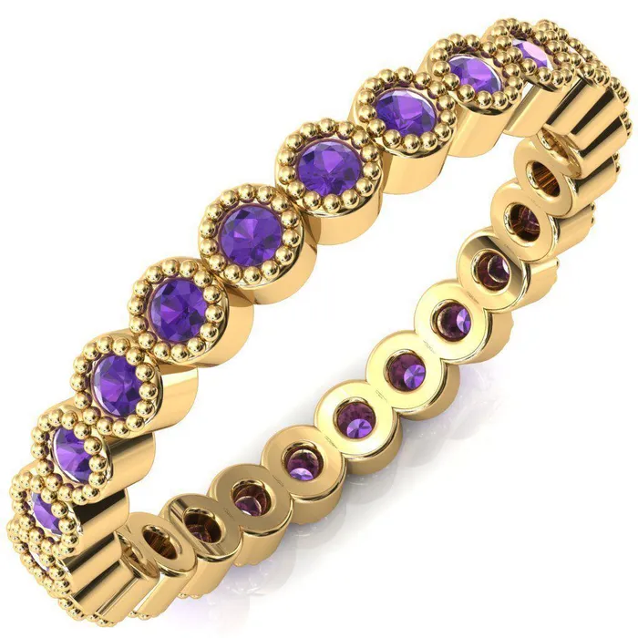 Zinnia Round Center Stone 6 Prongs Milgrain Halo Accent Diamonds Amethyst Ring Fire Brilliance Rings