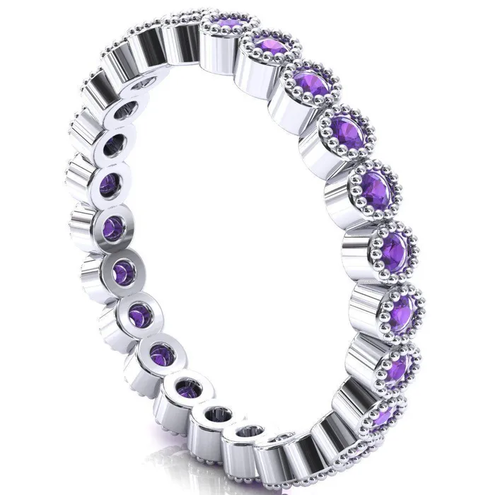 Zinnia Round Center Stone 6 Prongs Milgrain Halo Accent Diamonds Amethyst Ring Fire Brilliance Rings