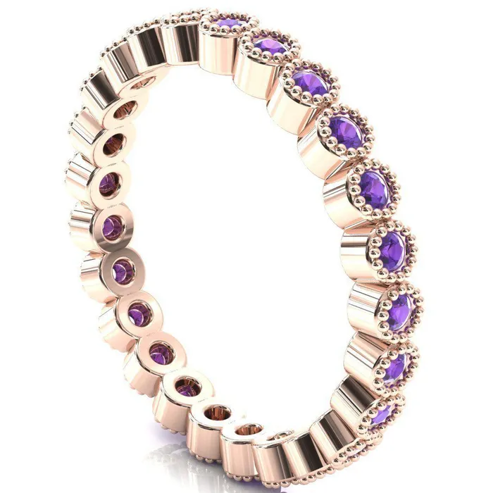 Zinnia Round Center Stone 6 Prongs Milgrain Halo Accent Diamonds Amethyst Ring Fire Brilliance Rings