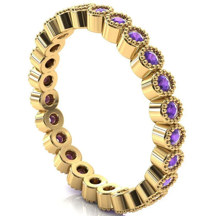 Zinnia Round Center Stone 6 Prongs Milgrain Halo Accent Diamonds Amethyst Ring Fire Brilliance Rings