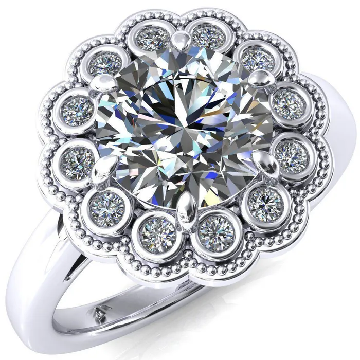 Zinnia Round Center Stone 6 Prongs Milgrain Halo Accent Diamonds Amethyst Ring Fire Brilliance Rings