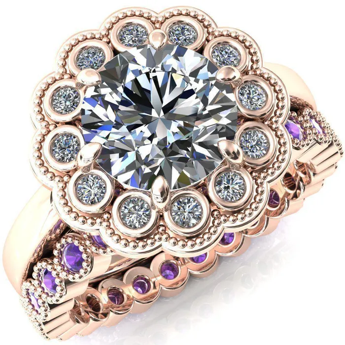 Zinnia Round Center Stone 6 Prongs Milgrain Halo Accent Diamonds Amethyst Ring Fire Brilliance Rings