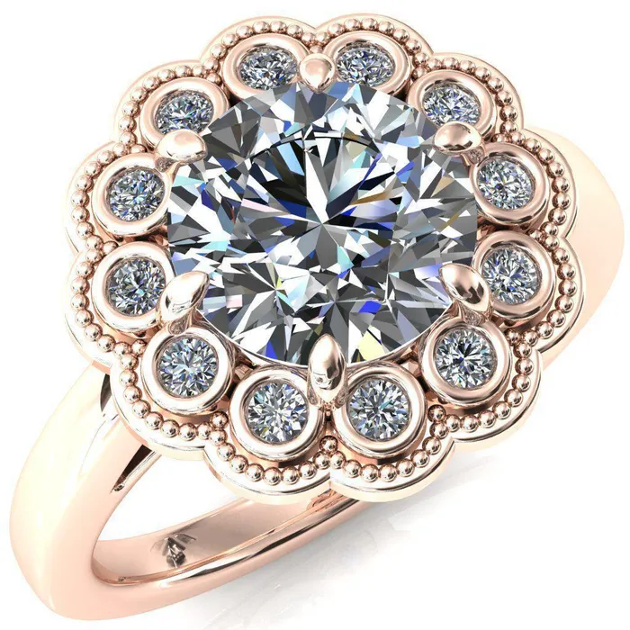 Zinnia Round Center Stone 6 Prongs Milgrain Halo Accent Diamonds Amethyst Ring Fire Brilliance Rings