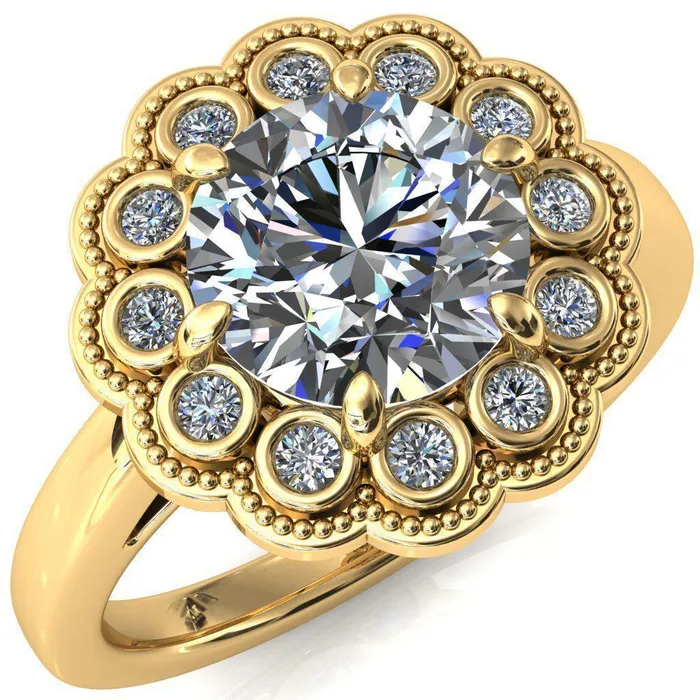 Zinnia Round Center Stone 6 Prongs Milgrain Halo Accent Diamonds Amethyst Ring Fire Brilliance Rings