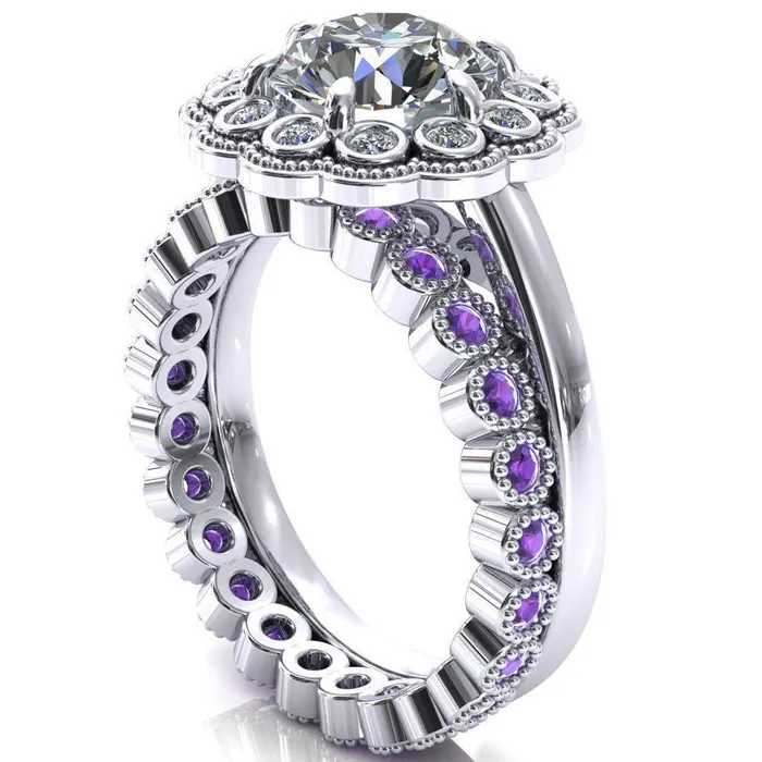 Zinnia Round Center Stone 6 Prongs Milgrain Halo Accent Diamonds Amethyst Ring Fire Brilliance Rings