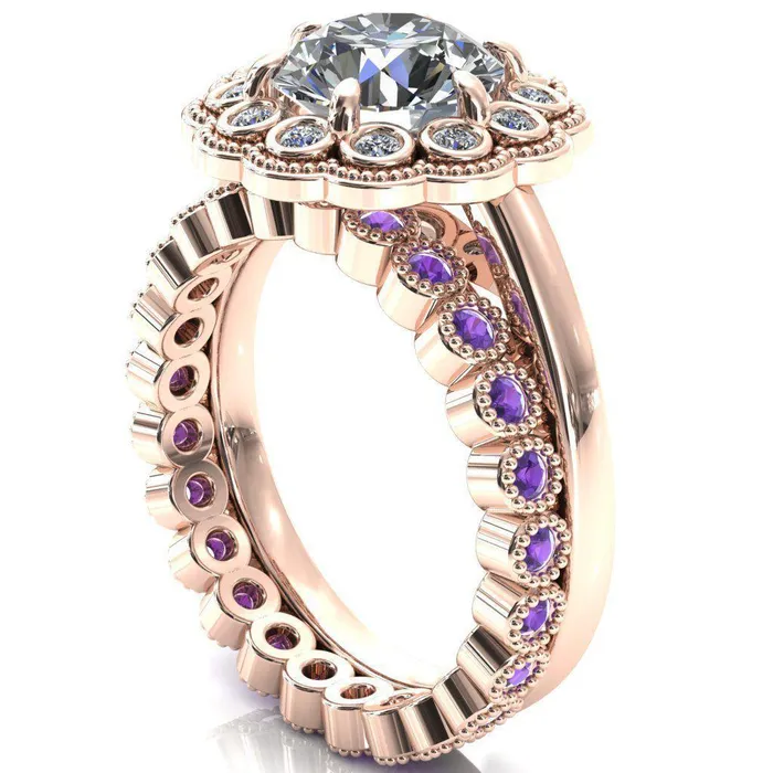 Zinnia Round Center Stone 6 Prongs Milgrain Halo Accent Diamonds Amethyst Ring Fire Brilliance Rings