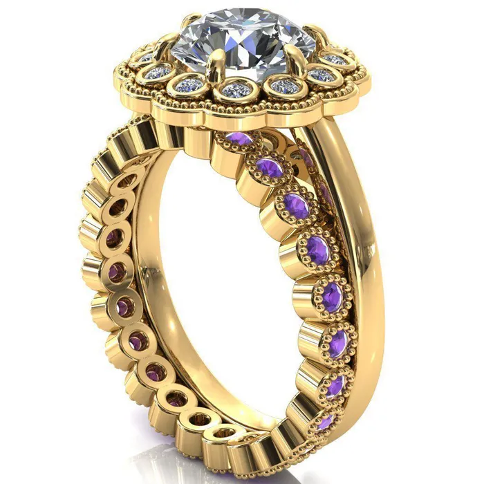 Zinnia Round Center Stone 6 Prongs Milgrain Halo Accent Diamonds Amethyst Ring Fire Brilliance Rings